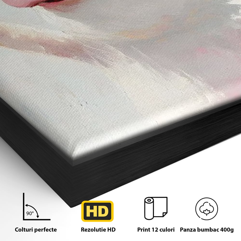 Detaliu al suprafetei: tablou canvas cu purcelus si pahar de vin, in rama de aluminiu negru